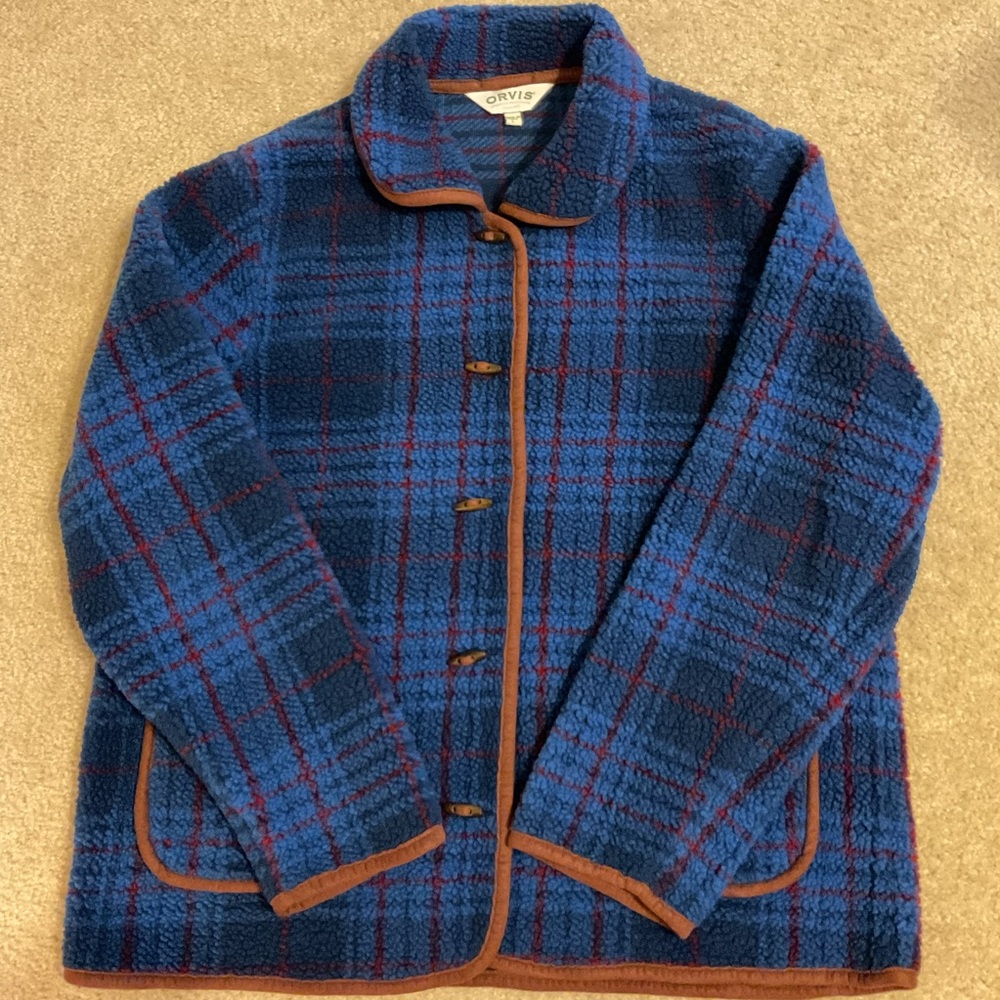 Orvis Blue Burgundy Plaid & Brown Trim Toggle 5 Button Down Fleece Jacket Blazer - Picture 5 of 15